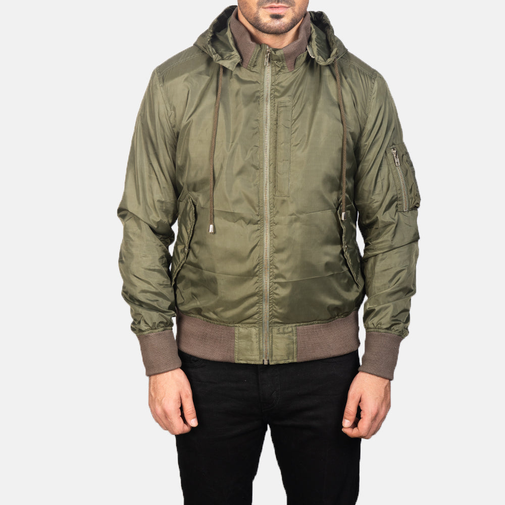 
细节特写 of Knit Rib with Removable Nylon Hood & Zipper Hardware on Hanklin Ma-1 Green Hooded Bomber Jacket