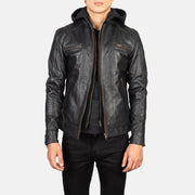 Men's Hector 黑色 Hooded 真皮机车夹克 男士 in Black Cowhide Leather - Front Profile View &amp; Tailored Silhouette | Buy Online