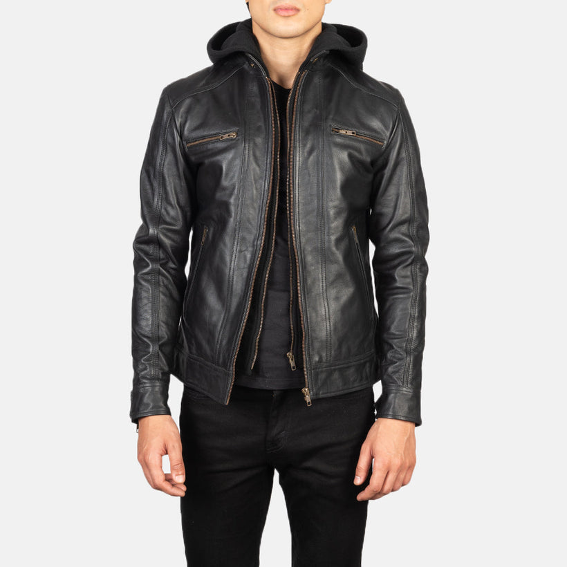 Men's Hector Black Hooded Leather Biker Jacket in Black Cowhide Leather - Front Profile View & Tailored Silhouette | Buy Online