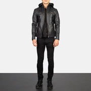 Men's Hector 黑色 Hooded 真皮机车夹克 男士 - Lateral Side Profile View Showing Sleeve Cut &amp; Athletic Taper Fit