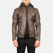 
Hector 复古棕 Hooded 真皮机车皮衣 男士 in Brown Cowhide Leather - 正面版型与定制立体剪裁轮廓 | 官方商城选购