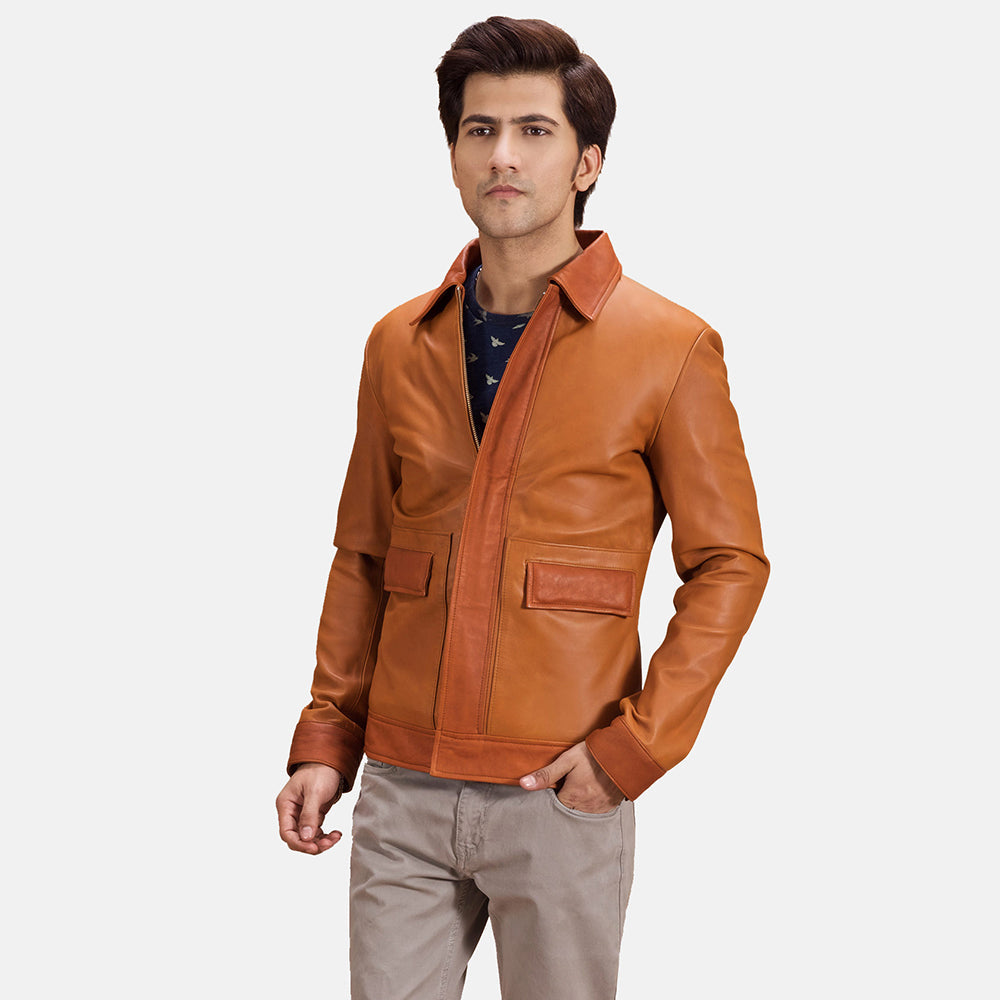 Hubert 浅褐色 棕色 真皮夹克 男士 in Tan Brown Sheepskin Leather - Front Profile View &amp; Tailored Silhouette | Buy Online