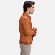 Hubert 浅褐色 棕色 真皮夹克 男士 - Lateral Side Profile View Showing Sleeve Cut &amp; Athletic Taper Fit
