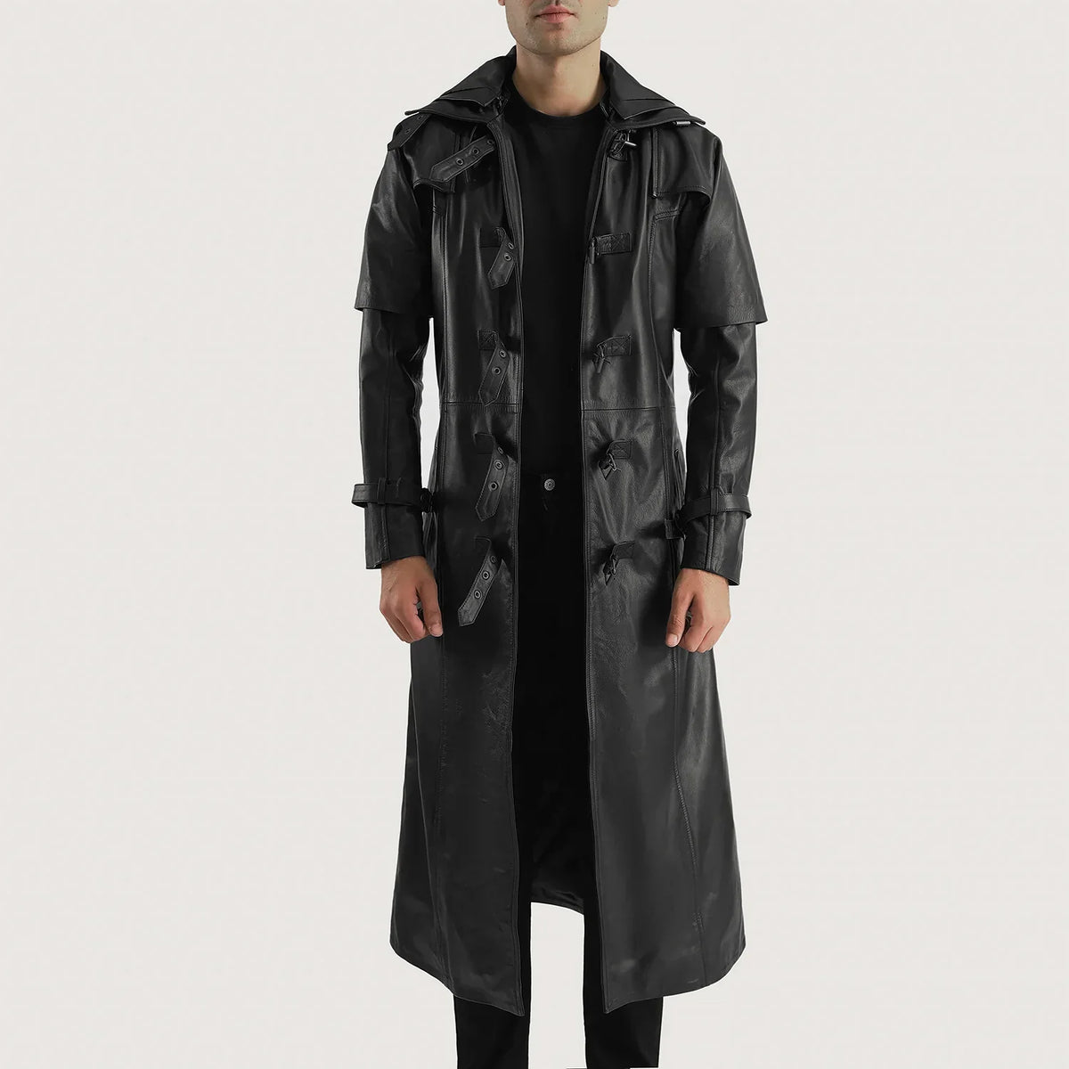 
Huntsman 经典黑 Hooded 真皮风衣大衣 男士 in Black. Cowhide Leather - 正面版型与定制立体剪裁轮廓 | 官方商城选购