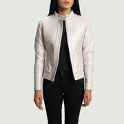 Women's Ice Maiden Silver Quilted 真皮机车夹克 女士 - Lateral Side Profile View Showing Sleeve Cut &amp; Athletic Taper Fit