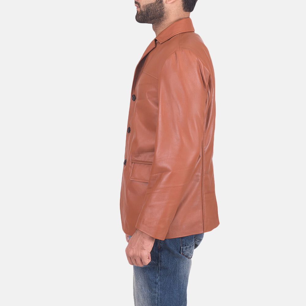 James 浅褐色 棕色 真皮西装外套 男士 - Lateral Side Profile View Showing Sleeve Cut &amp; Athletic Taper Fit