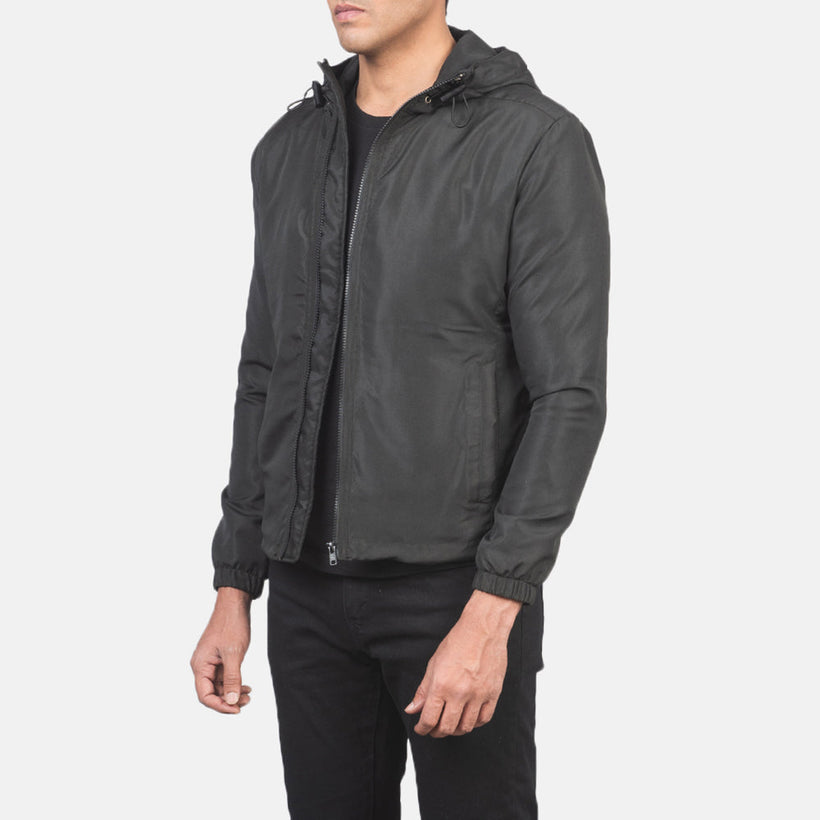 Jimmy 经典黑 Hooded Windbreaker 真皮夹克 男士