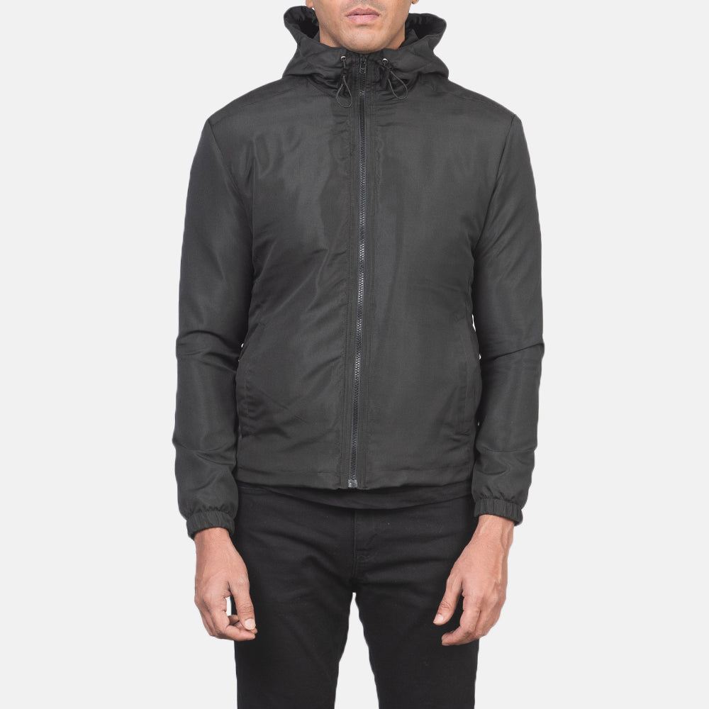 细节特写 of High Neck with Hood & Zipper with wind flap Hardware on Jimmy Black Hooded Windbreaker Jacket
