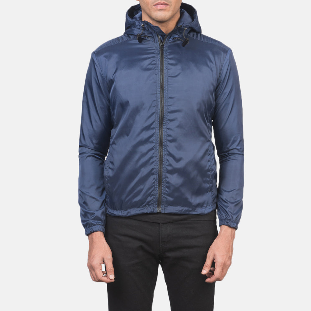 Men's Jimmy 蓝色 Hooded Windbreaker 真皮夹克 男士 in Blue Nylon - Front Profile View &amp; Tailored Silhouette | Buy Online