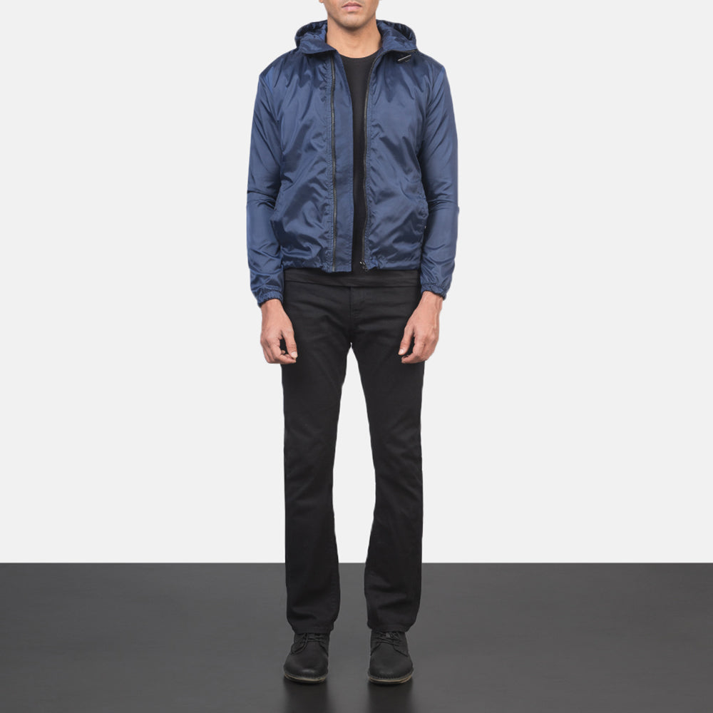 Jimmy Blue Hooded Windbreaker Jacket - 展现立体袖型与合身版型的侧身视角