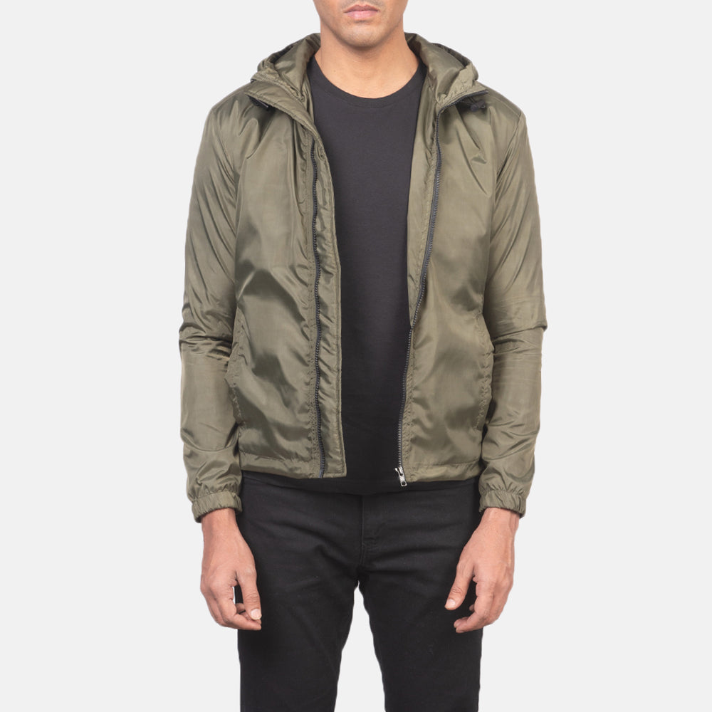 Men's Jimmy Green Hooded Windbreaker 真皮夹克 男士 in Green Nylon - Front Profile View &amp; Tailored Silhouette | Buy Online