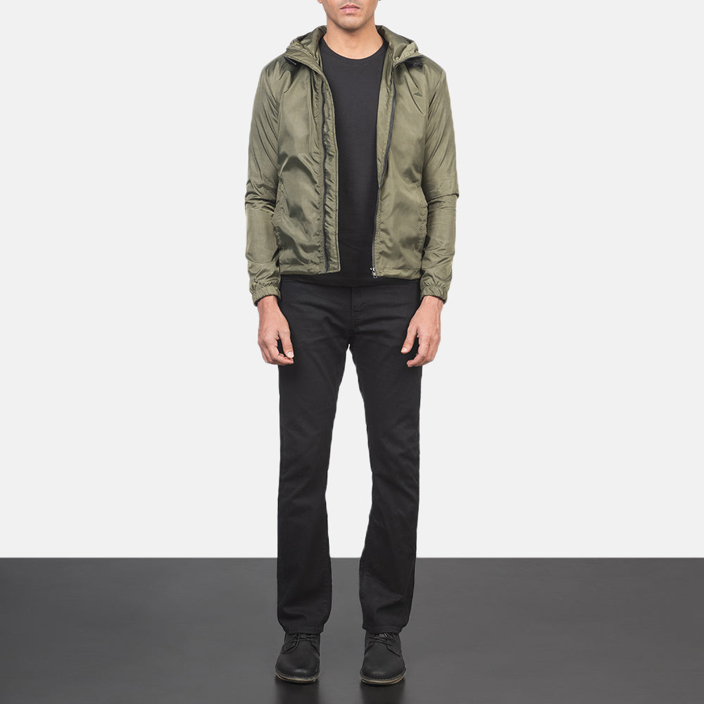 Men's Jimmy Green Hooded Windbreaker 真皮夹克 男士 - Lateral Side Profile View Showing Sleeve Cut &amp; Athletic Taper Fit
