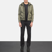 Men's Jimmy Green Hooded Windbreaker 真皮夹克 男士 - Lateral Side Profile View Showing Sleeve Cut &amp; Athletic Taper Fit