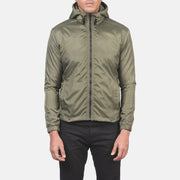Close-Up Detail of High Neck with Hood &amp; Zipper with wind flap Hardware on Men's Jimmy Green Hooded Windbreaker 真皮夹克 男士