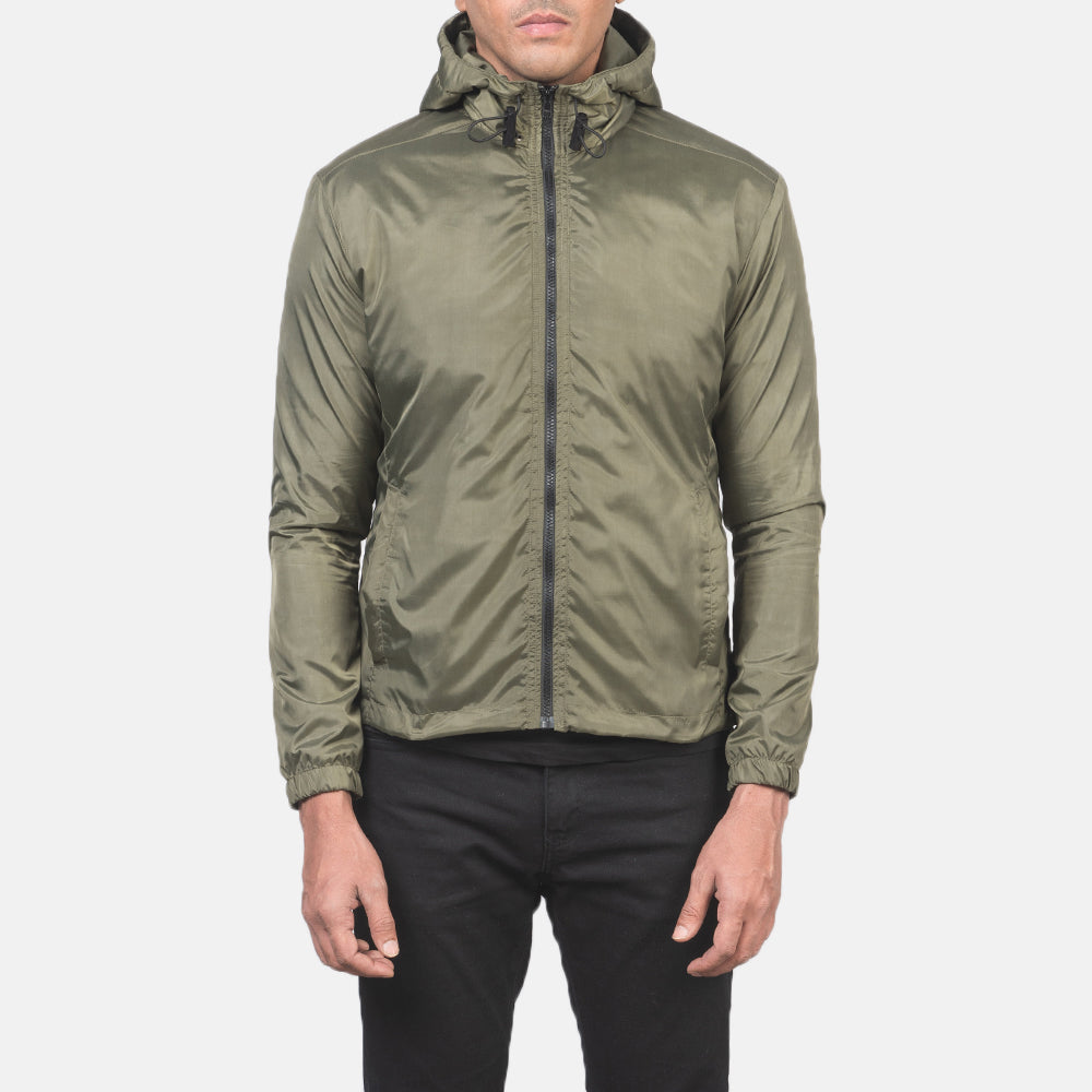 细节特写 of High Neck with Hood & Zipper with wind flap Hardware on Jimmy Green Hooded Windbreaker Jacket