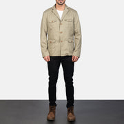 Kajetan Beige Safari 真皮夹克 男士 - Lateral Side Profile View Showing Sleeve Cut &amp; Athletic Taper Fit