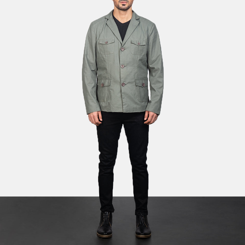Kajetan Grey Safari Jacket - Lateral Side Profile View Showing Sleeve Cut &amp; Athletic Taper Fit