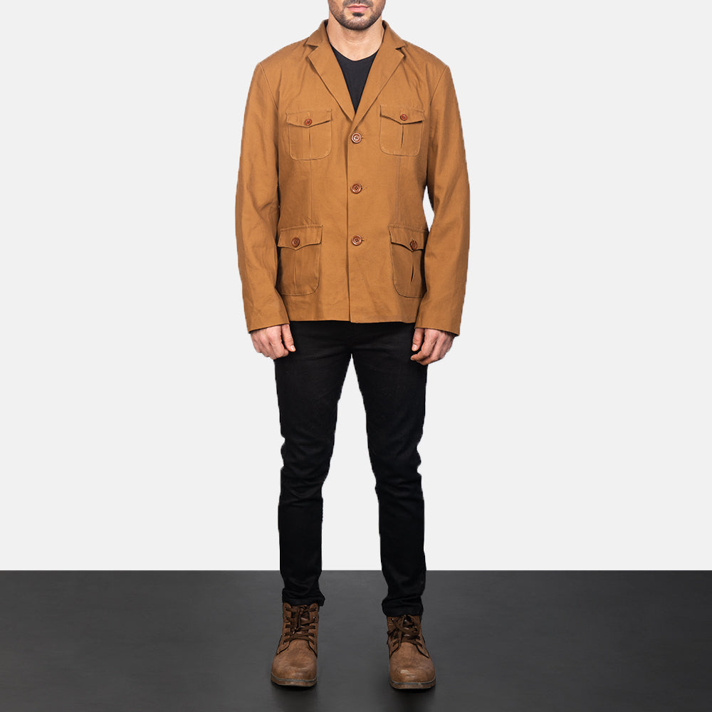 Kajetan Khaki Safari 真皮夹克 男士 - Lateral Side Profile View Showing Sleeve Cut &amp; Athletic Taper Fit