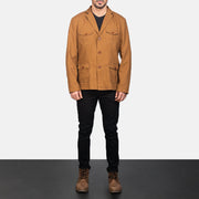 Kajetan Khaki Safari 真皮夹克 男士 - Lateral Side Profile View Showing Sleeve Cut &amp; Athletic Taper Fit