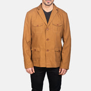 Close-Up Detail of Notch &amp; Button Hardware on Kajetan Khaki Safari 真皮夹克 男士