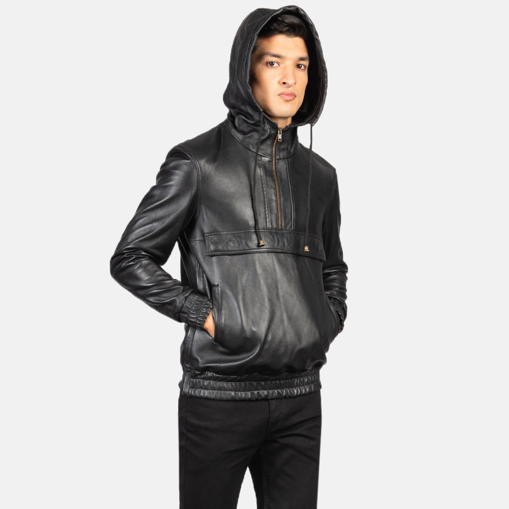 
细节特写 of Classic Collar & Heavy-Duty Zipper Hardware on Kenton Hooded Blue Suede Pullover Jacket