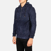 
模特上身效果： Kenton Hooded Blue Suede Pullover Jacket 模特试穿展示（自然光垂坠质感）