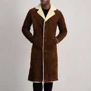 
细节特写 of Notch & Button Hardware on Kolby Brown Suede Shearling Long Coat