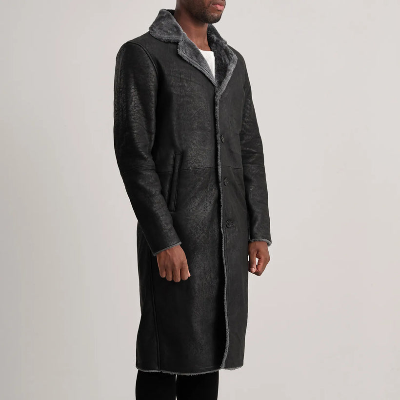 Kolby Distressed 经典黑 Leather Shearling 真皮大衣 男士