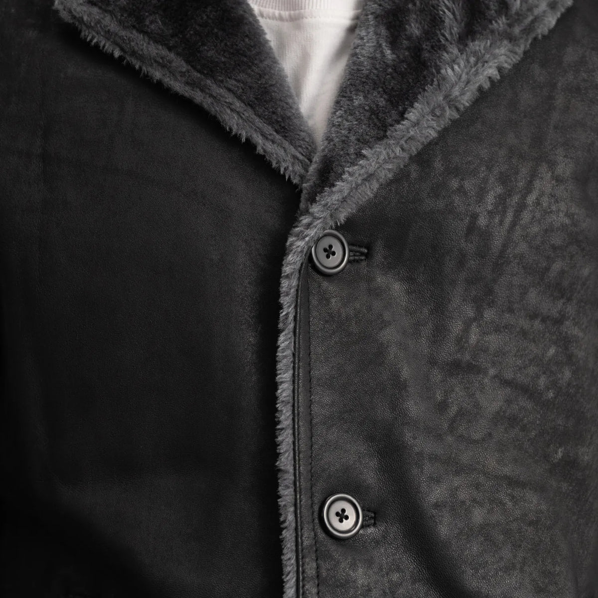 
细节特写 of Notch & Button Hardware on Kolby Distressed Black Shearling Long Coat