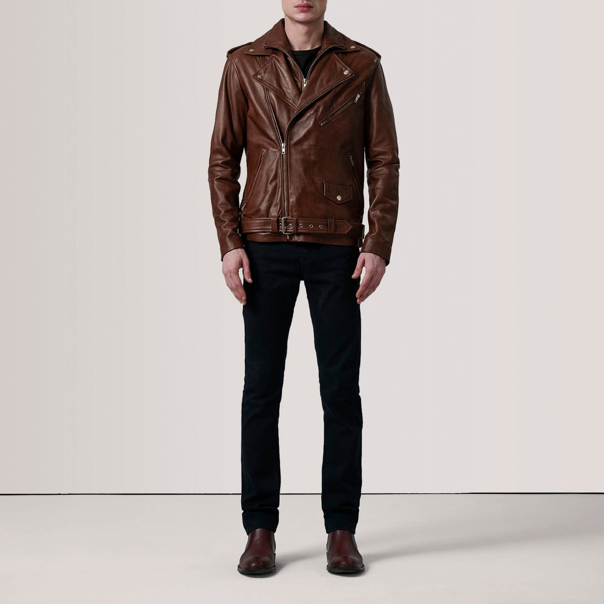 
Distressed Brown Sheepskin Burnished Biker Jacket - 展现肩线贴合与利落下摆的背部视角