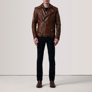 
Distressed Brown Sheepskin Burnished Biker Jacket - 展现肩线贴合与利落下摆的背部视角