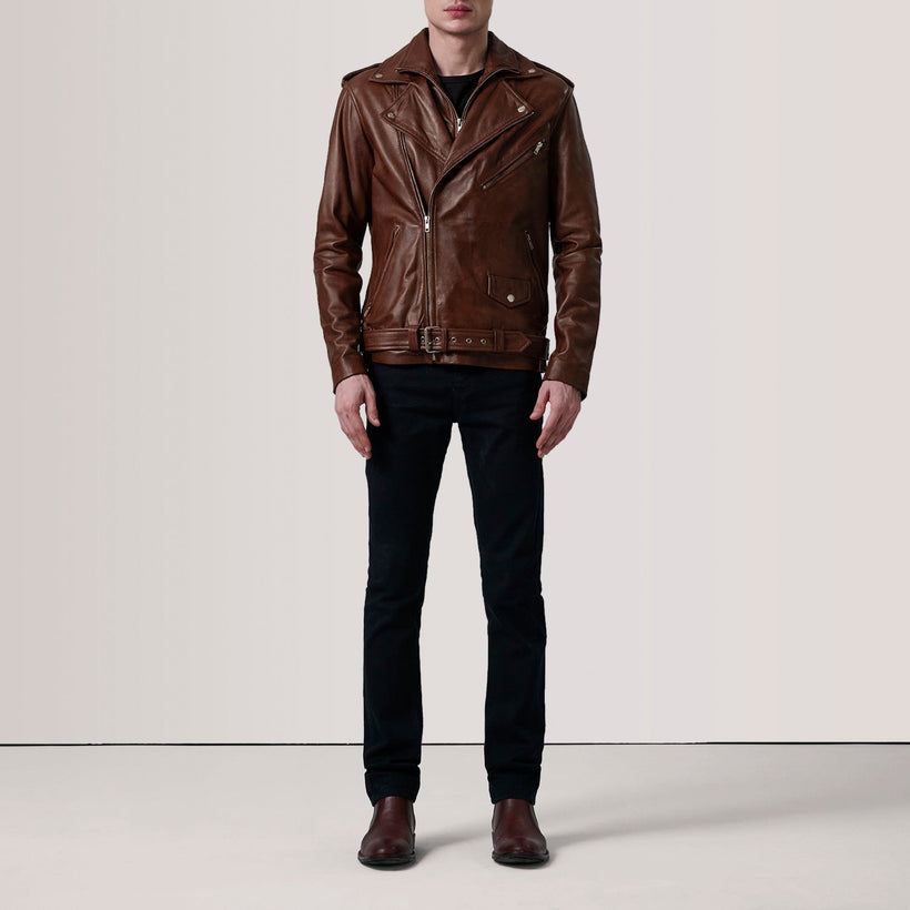 Kole Waxed 棕色 Leather Double Rider 真皮夹克 男士