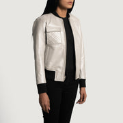 Women's Lana Silver 真皮飞行员夹克 女士 - Lateral Side Profile View Showing Sleeve Cut &amp; Athletic Taper Fit