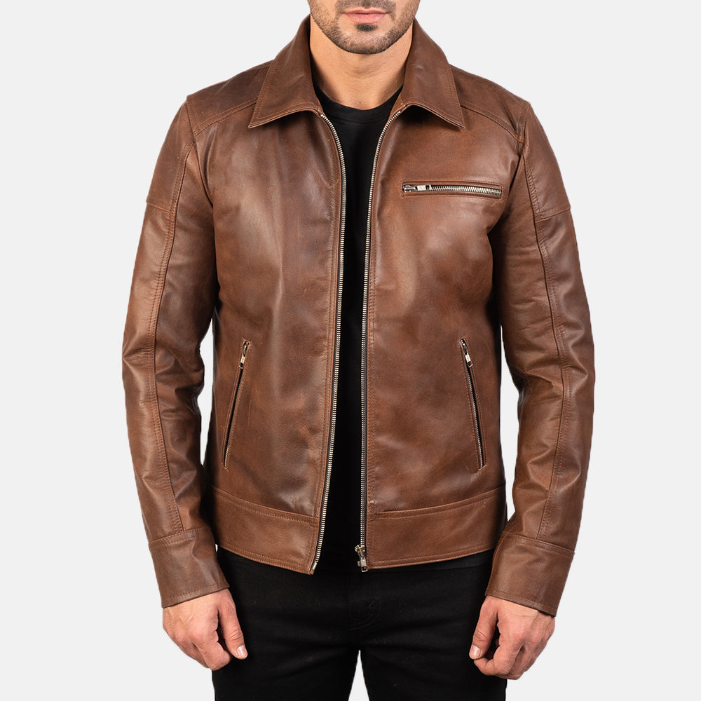 Open Hem &amp; Hem Craftsmanship Construction Detail on Men's Lavendard Brown Leather Biker Jacket