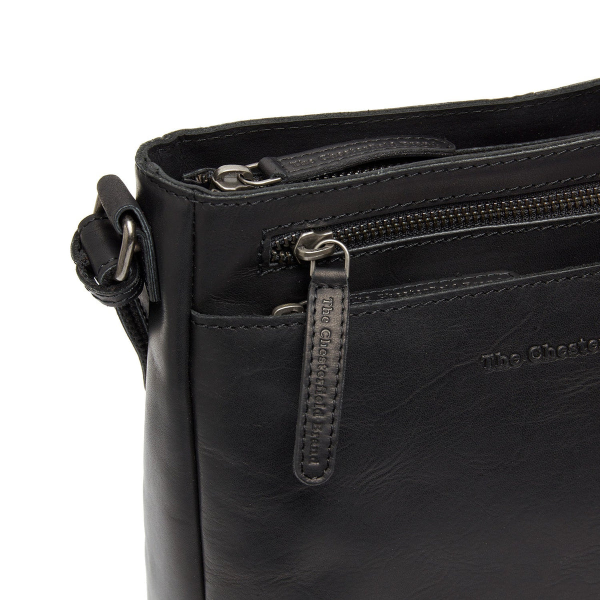 Solid Antique Brass Hardware &amp; Heavy-Duty Dual Zipper Detail on Mumbai Full-Grain Leather Crossbody Bag 女士