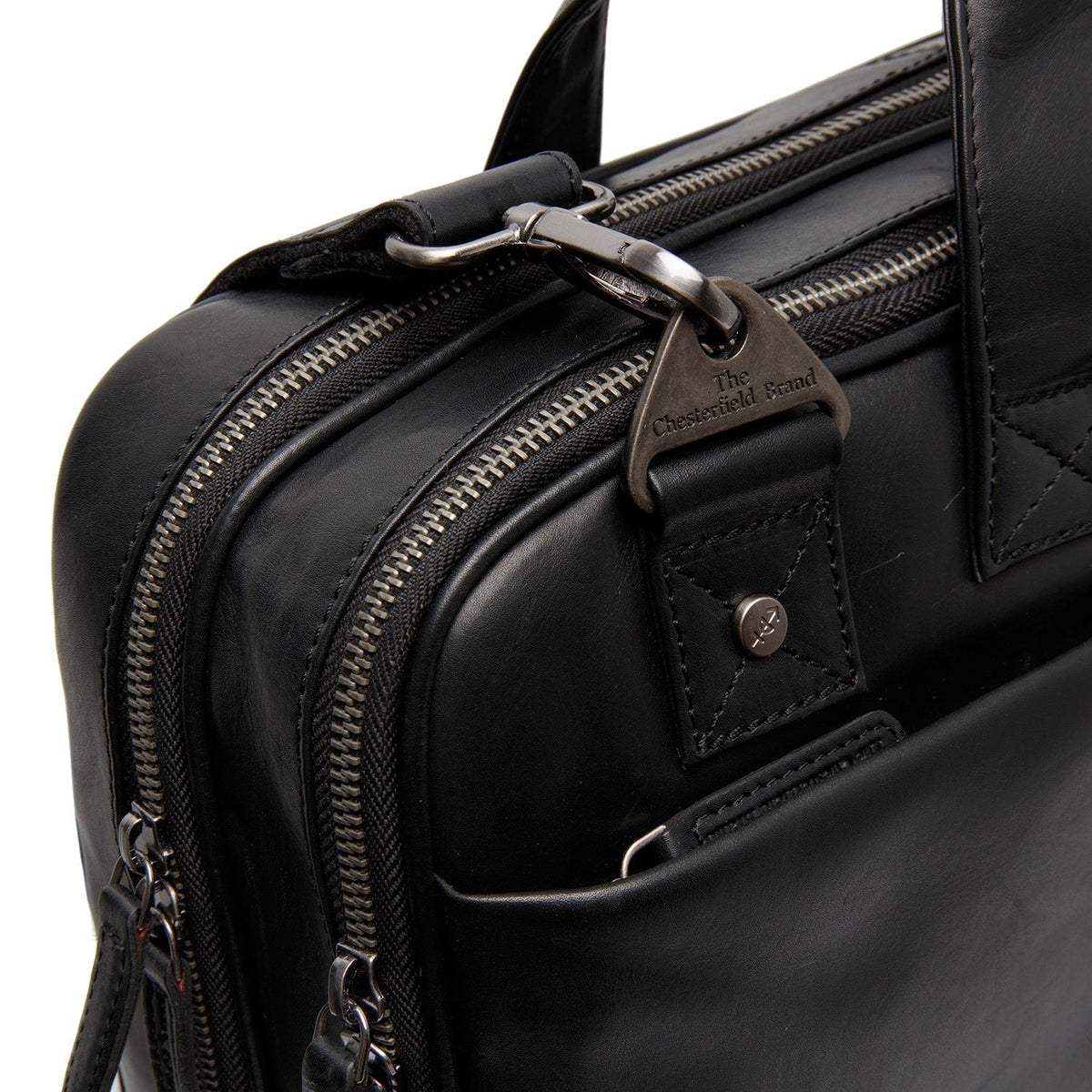 Solid Antique Brass Hardware &amp; Heavy-Duty Dual Zipper Detail on Iseo Full-Grain Leather Laptop Bag 男士