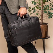 Classic 100% Full-Grain leather Briefcase - Rear Perspective Showing Reinforced Leather Straps &amp; Stitching