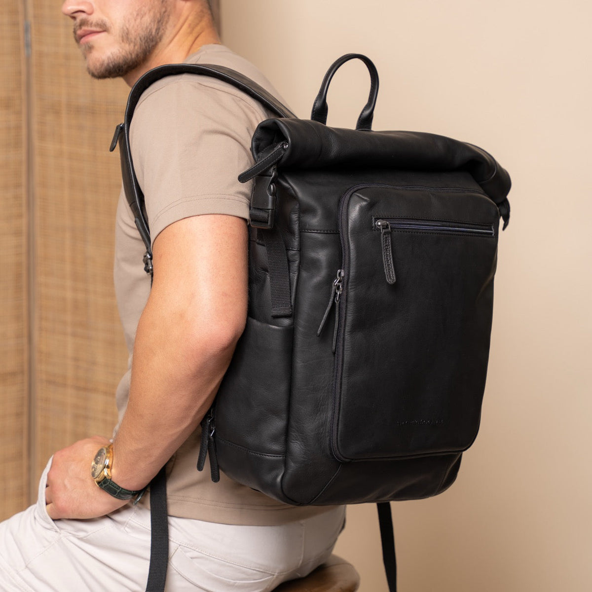 Classic 100% Full-Grain leather Backpack - Rear Perspective Showing Reinforced Leather Straps &amp; Stitching