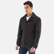 
Black Cowhide leather Blazer - 展现肩线贴合与利落下摆的背部视角