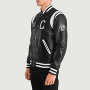Black &amp; White Sheepskin Leather Varsity Jacket - Back View Showing Tailored Shoulder Fit &amp; Clean Hemline