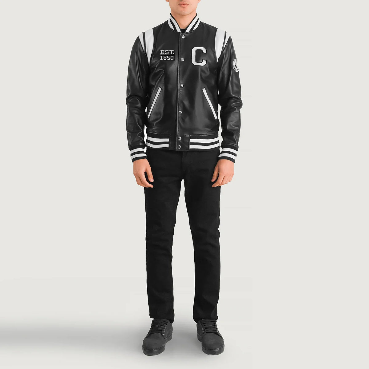 Liberte California 黑色 Leather Varsity 真皮夹克 男士 - Lateral Side Profile View Showing Sleeve Cut &amp; Athletic Taper Fit