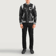 Liberte California 黑色 Leather Varsity 真皮夹克 男士 - Lateral Side Profile View Showing Sleeve Cut &amp; Athletic Taper Fit