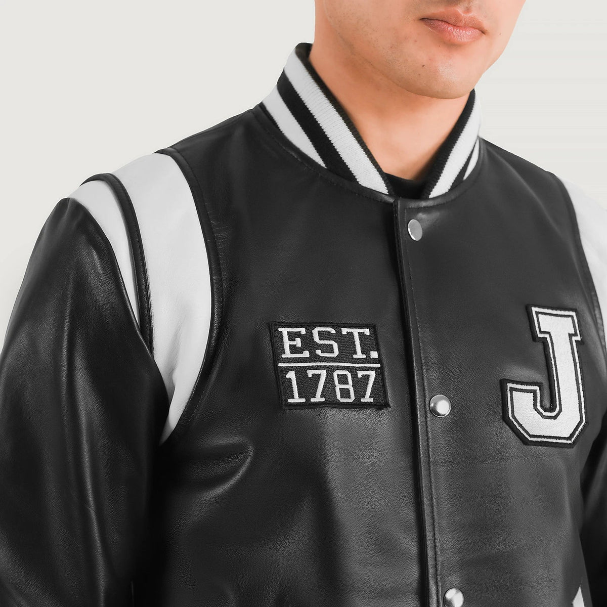 
细节特写 of Varsity & Snap Button Hardware on Liberte New Jersey 经典黑 Leather Varsity 真皮夹克 男士