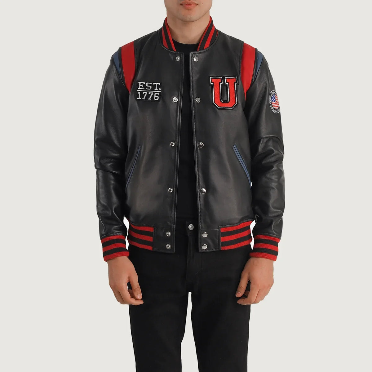 Liberte USA Black Leather Varsity Jacket in Black Sheepskin Leather - Front Profile View &amp; Tailored Silhouette | Buy Online