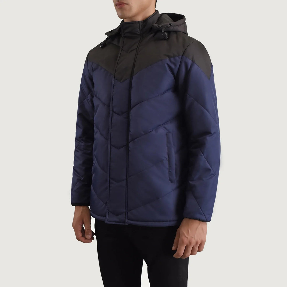
Black & Blue Full-Grain Leather Hooded Jacket - 展现肩线贴合与利落下摆的背部视角