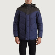 
细节特写 of Classic Collar & Zipper With Velcro Placket Hardware on Luka 经典黑 & 深海蓝 Hooded Puffer 真皮夹克 男士