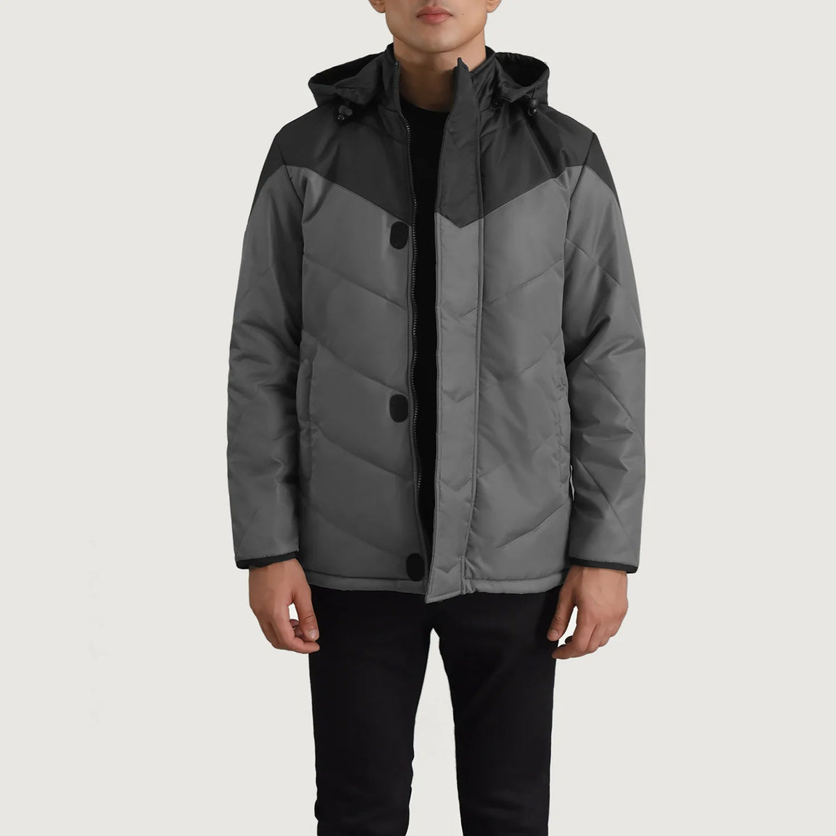 
Luka 经典黑 & Grey Hooded Puffer 真皮夹克 男士 in Black & Grey Full-Grain Leather - 正面版型与定制立体剪裁轮廓 | 官方商城选购