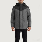 
细节特写 of Classic Collar & Zipper With Velcro Placket Hardware on Luka 经典黑 & Grey Hooded Puffer 真皮夹克 男士