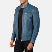Blue Sheepskin Leather Biker Jacket - Back View Showing Tailored Shoulder Fit &amp; Clean Hemline