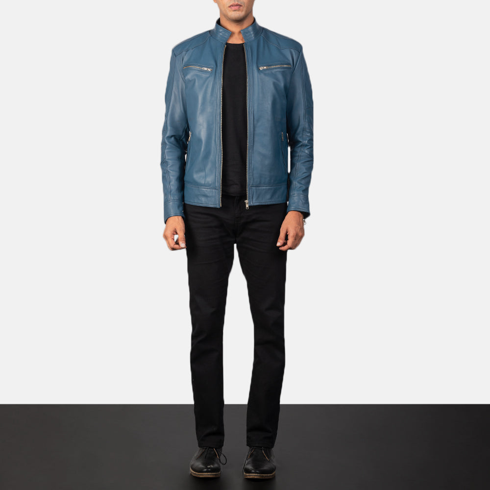 Mack Blue 真皮机车夹克 男士 - Lateral Side Profile View Showing Sleeve Cut &amp; Athletic Taper Fit